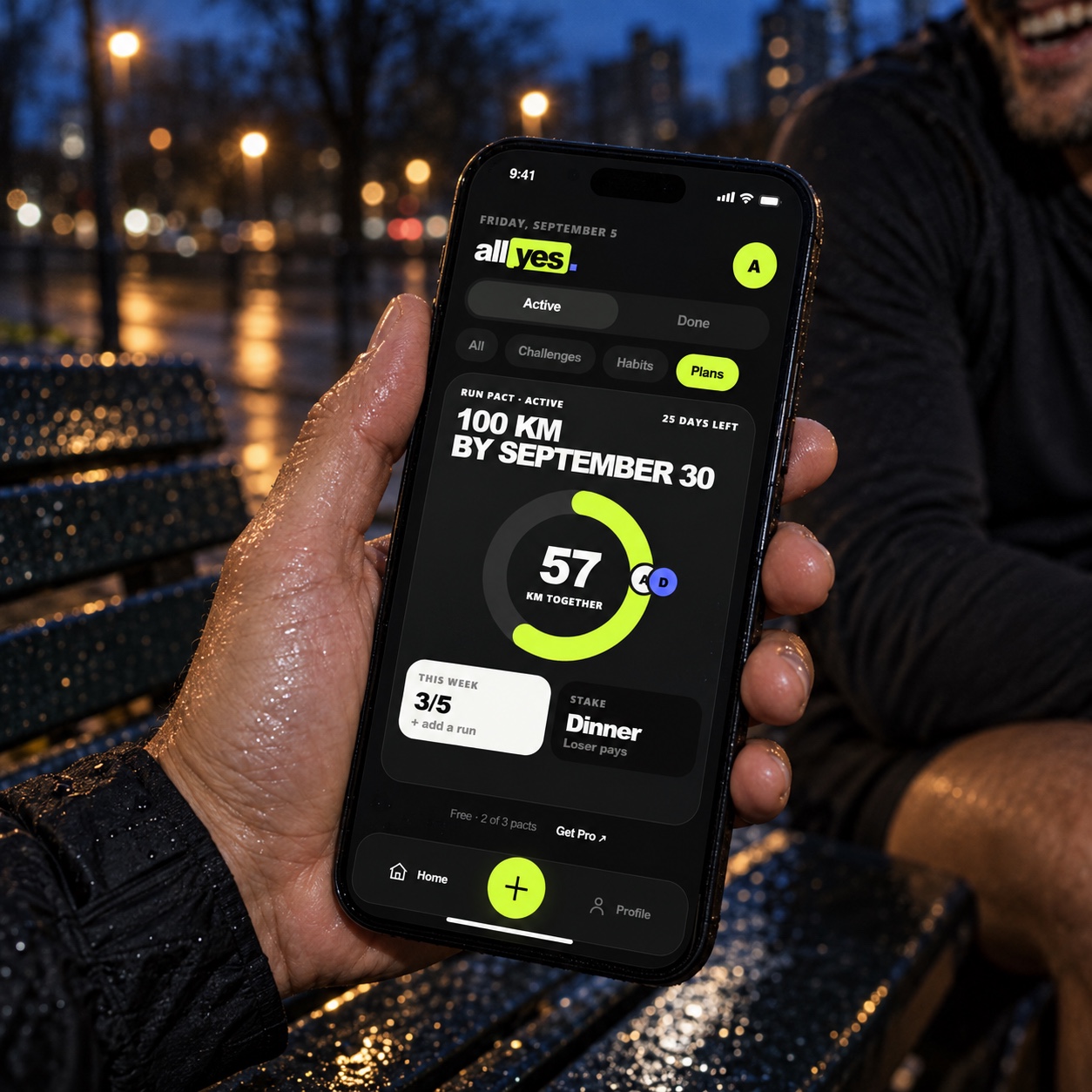 AllYes social commitment app shown on a phone after a run
